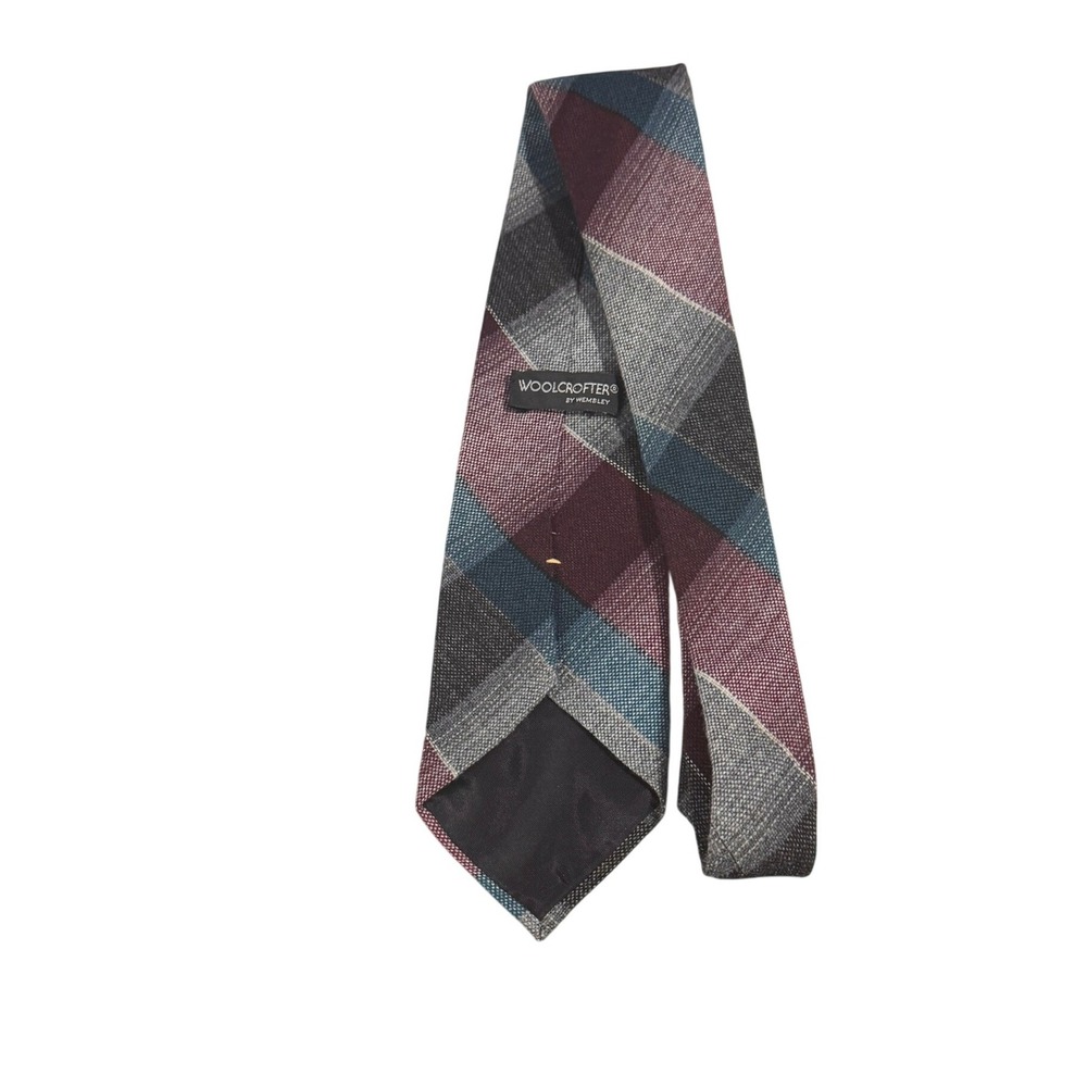 Woolcrofter by Wembley Mens Plaid Wool Blend Tie Burgundy Teal Grey Made‎ in USA